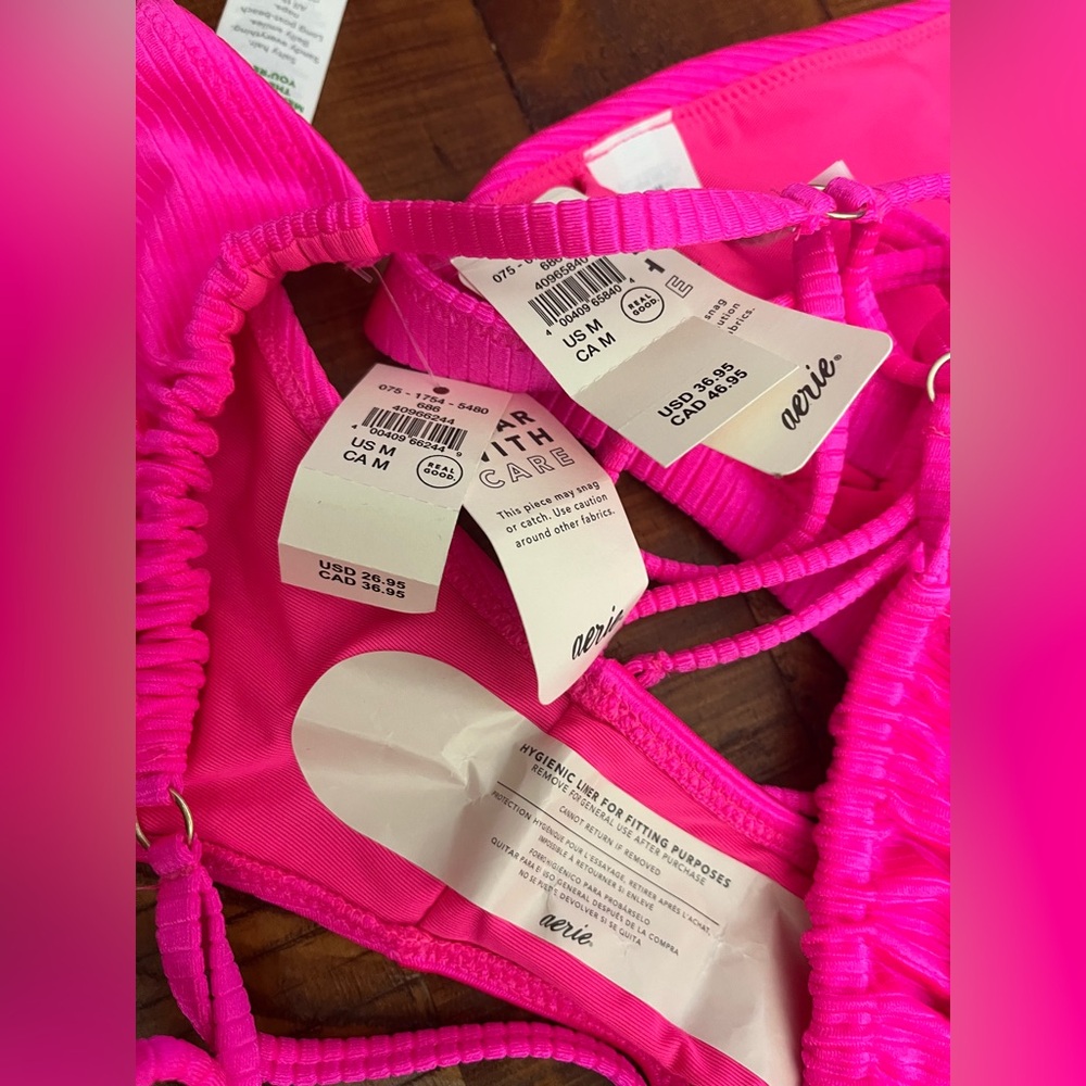 NWT Aerie FULL SET Shine Rib Plunge Top + Cheekiest Strappy Bottom Miami Pink - Picture 7 of 7